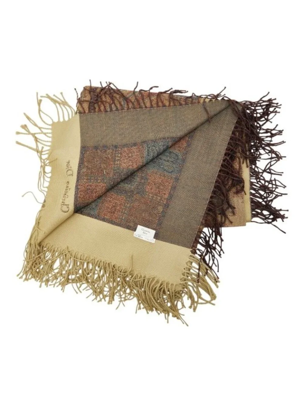 Dior Logo Paisley Fringe Shawl Beige Brown Wool Scarf